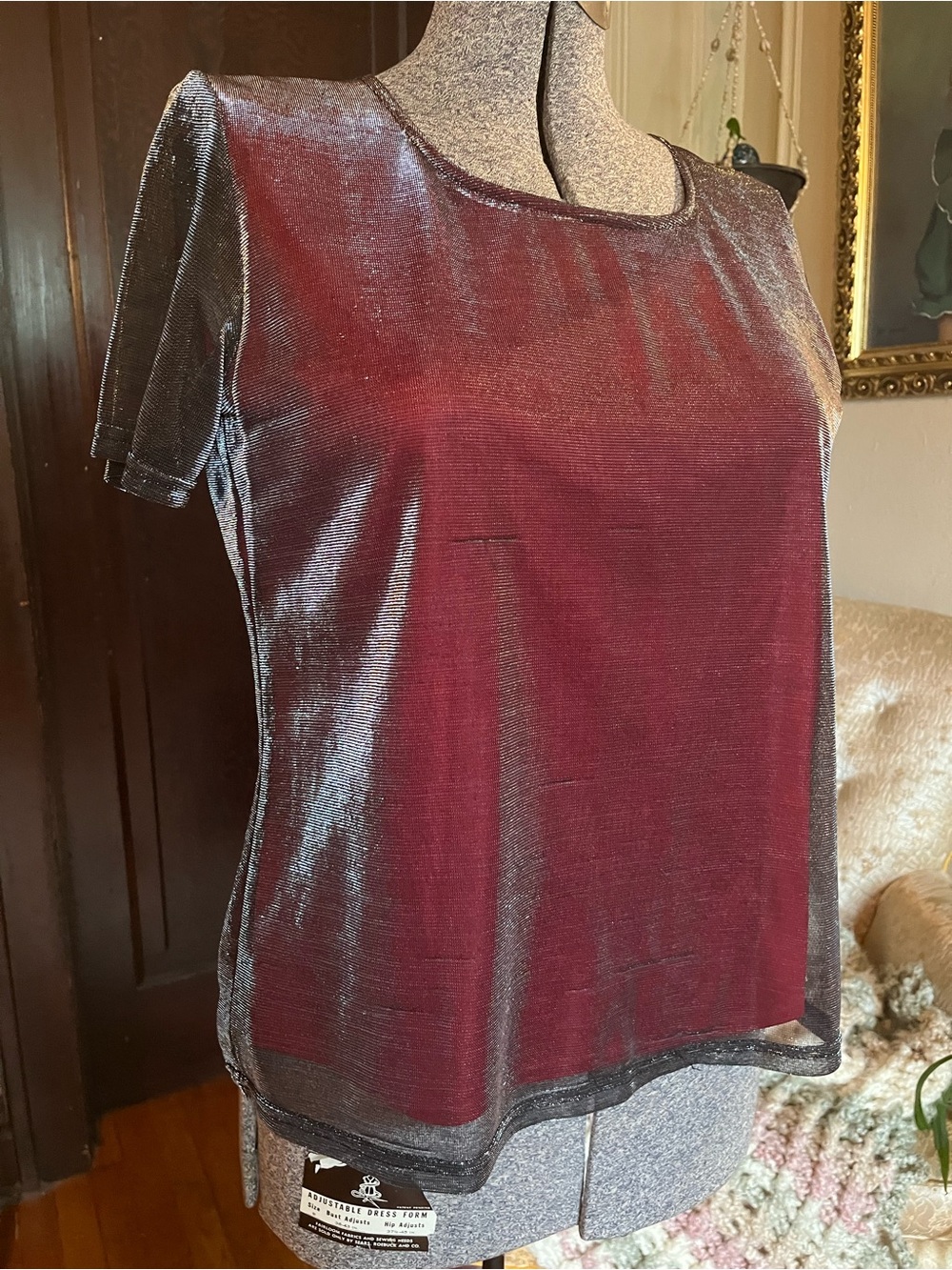 Notations Metallic Sheer Wine Short Sleeve Top